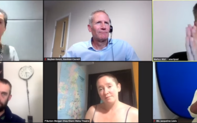 A screenshot from our panel discussion on sustainable touring from the XTRAX/SIRF 2021 Outdoor Arts Showcase.