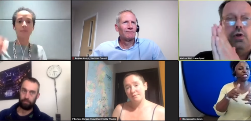 A screenshot from our panel discussion on sustainable touring from the XTRAX/SIRF 2021 Outdoor Arts Showcase.