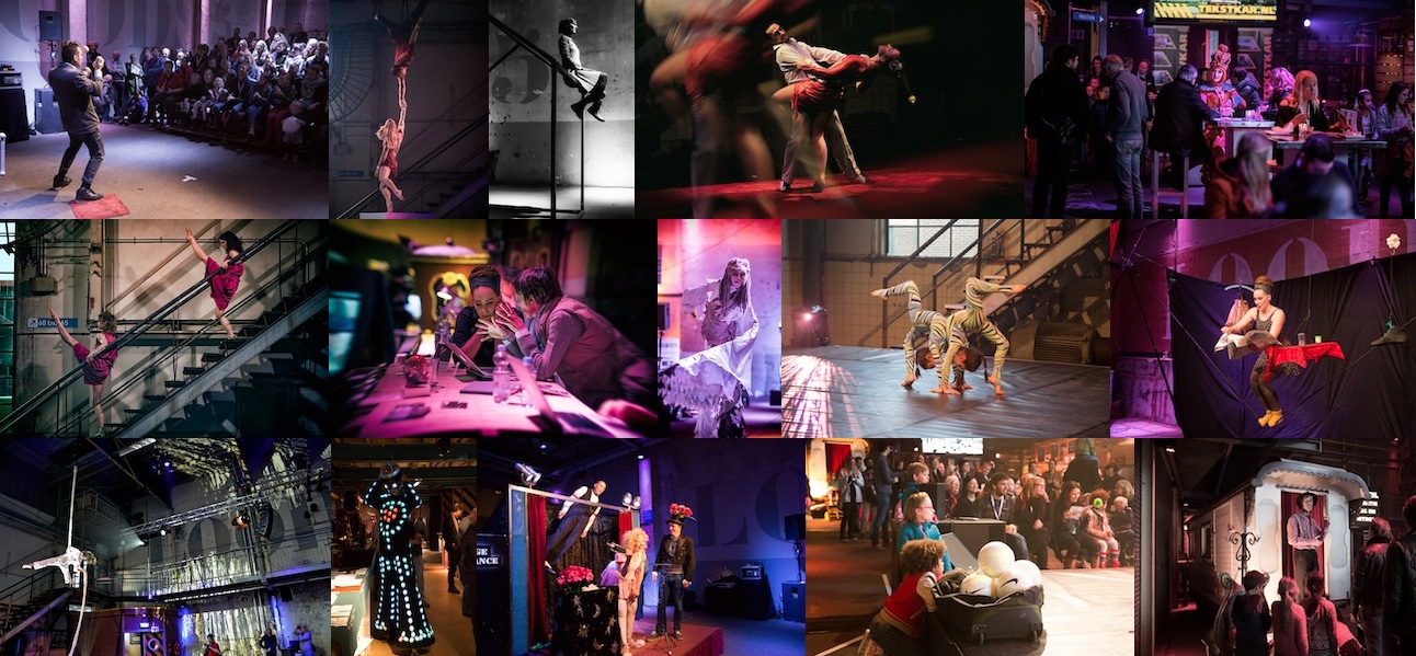 A collage of circus and performance art scenes, including acrobats, aerial acts, people in costume, and audiences watching shows in colorful, theatrical settings.