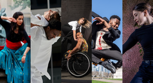 A collage of five diverse dancers performing various dynamic poses, including traditional, contemporary, and wheelchair dance, each set against different indoor and outdoor backgrounds.