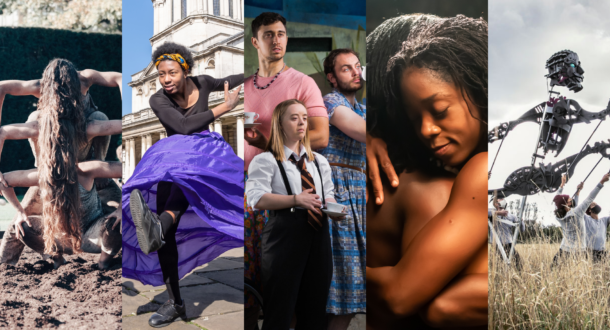 A collage of images featuring Becky Namgauds, Jeanefer Jean Charles, Stopgap Dance Company, Alleyne Dance and Autin Dance Theatre