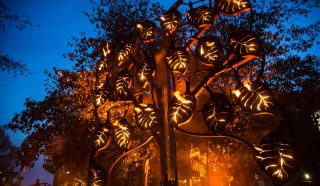 A metal sculpture shaped like a tree with leaf-shaped lanterns glows with fire against a twilight sky, surrounded by trees and soft orange light.