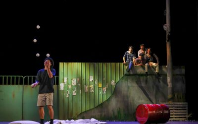 A performer in a hat juggles five balls on stage beside a red barrel, while four people sit on a raised ledge in the background, watching. The set resembles an urban street scene with a green metal fence.