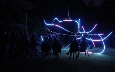 A group of people sit and stand on grass at night, watching an outdoor light installation of glowing, curved neon tubes in pink, blue, and purple, arranged in an abstract pattern amidst darkness.