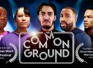 Five people stand in front of a blue-lit background, appearing serious. The words Common Ground are centred, with two award laurels: European Short Film Festival 2023 and Circus International Film Festival.