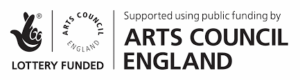 Arts Council England logo with text: Supported using public funding by Arts Council England and Lottery Funded with a stylised hand holding crossed fingers.