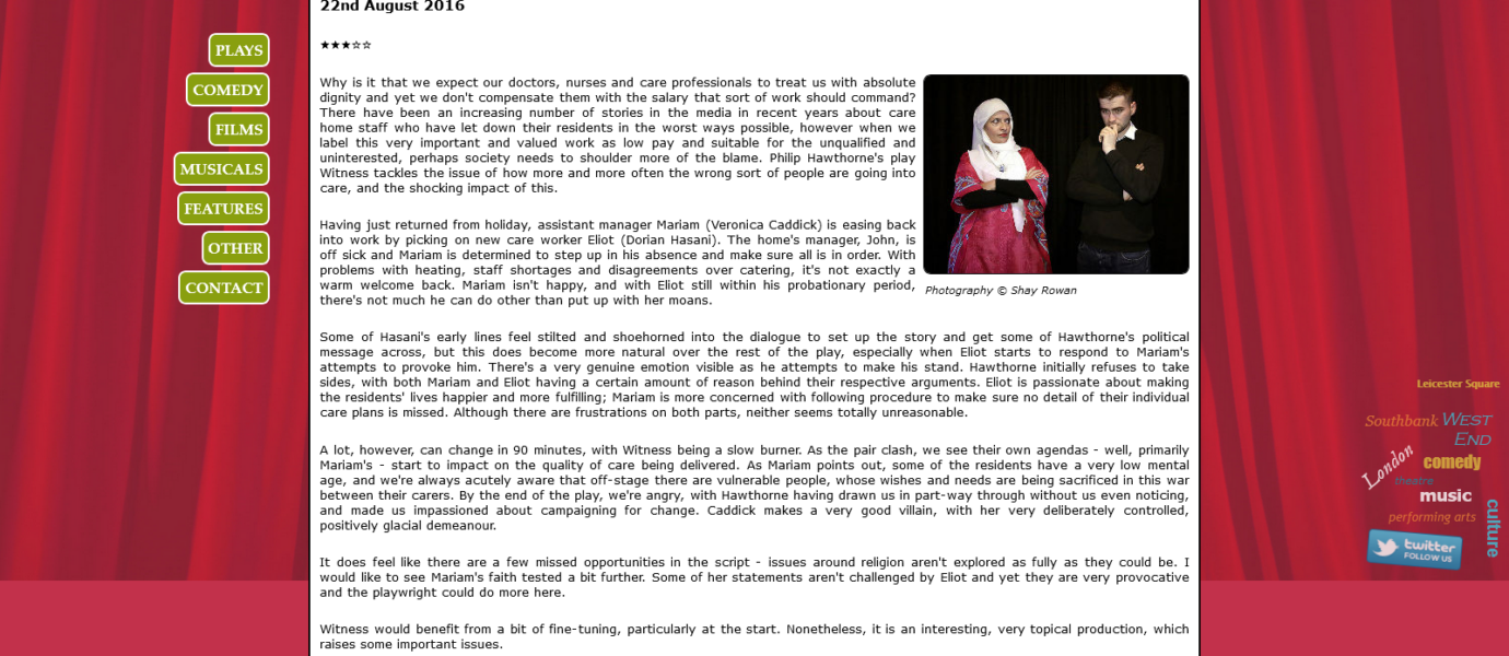 Screenshot of a review website with a red curtain background, a sidebar with green navigation buttons, and a review of Witness by Extant Theatre. An image on the right shows two people, one wearing a headscarf, standing together.