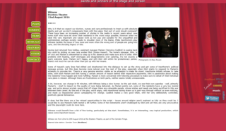 Screenshot of a review website with a red curtain background, a sidebar with green navigation buttons, and a review of Witness by Extant Theatre. An image on the right shows two people, one wearing a headscarf, standing together.