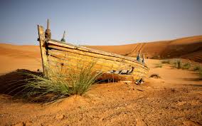 An old, weathered wooden boat sits partially buried in orange desert sand with sparse green plants, under a clear blue sky and surrounded by sand dunes.
